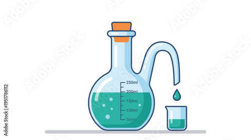 A laboratory flask featuring a curved spout, used as a container for chemistry experiments and research, depicted as flat cartoon vector illustration on a white background
