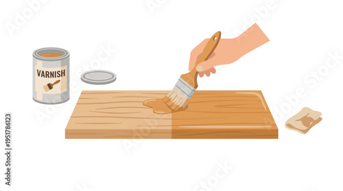 Oil and varnish coat wooden planks, while a final protective layer finishes hardwood boards; lacquer is applied and spread on timber, and a flat vector graphic illustration stands alone on a white