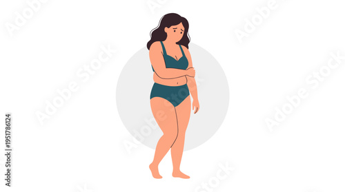 A sad woman in a bikini with a slightly chubby body, a chunky female in underwear with a small overweight belly, and an unhappy shy person in lingerie are depicted in a flat vector illustration on a