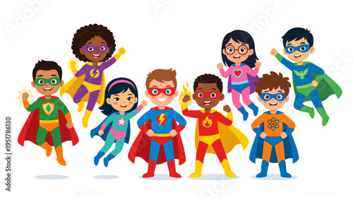A collection of child superheroes, featuring boys and girls with superpowers, illustrated as cartoon or comic characters in snug costumes and capes, rendered in bright flat colors