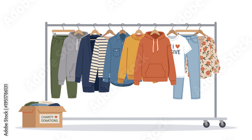 Casual clothes hang on a rack, arranged along a hanger rail; a modern wardrobe donated to charity showcases women's apparel such as pants and sweatshirts, all depicted in a flat vector illustration