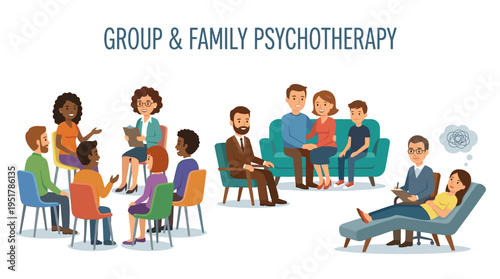 A group of men, women, or married couples seated on chairs or reclining on a sofa, conversing with a psychotherapist or psychologist in a group or family therapy setting, depicted in a flat cartoon