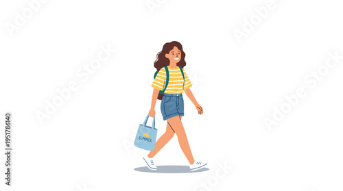 A cheerful woman strolls alone through the city during her summer vacation, enjoying a relaxed midday walk in the warm weather, depicted in a flat vector illustration