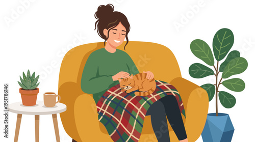 A cheerful woman sits in an armchair, depicted in a warm plaid vector flat illustration, smiling as she rests at home while stroking a cat, enjoying a stress‑relieving leisure surrounded by