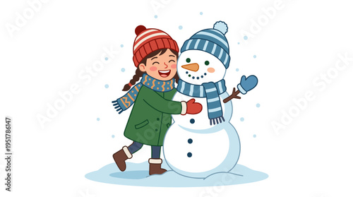 A cheerful young girl embraces a Christmas snowman, depicted in a humorous portrait of a smiling teenager holding a snowman wearing a winter scarf and hat, rendered as a colored flat vector