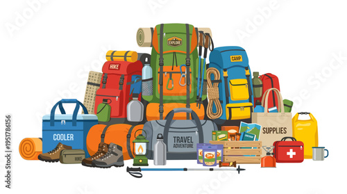 A stack of hiking luggage and travel gear for camping, including thermal bags and supplies, depicted as a flat vector illustration on a white background