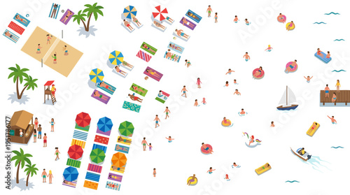 A group of people unwind on a summer beach, with miniature figures enjoying a seaside resort—basking in the sun on the sand, swimming in the water during a holiday, all seen from above. The scene is