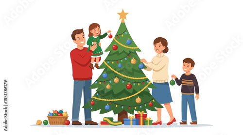 A family gathers to adorn a Christmas tree for the winter holiday, with joyful parents and children arranging baubles and garland at home, depicted in a flat vector illustration on a white background