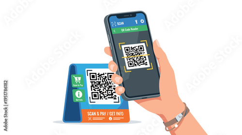 Using a mobile scanner app, I hold my smartphone to scan a QR code. The QR code reader on the phone’s screen is used for payment and information. The illustration is a flat vector image set against a