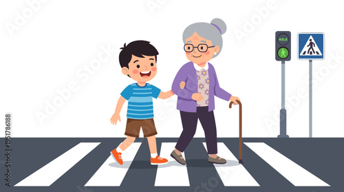 A cheerful, courteous boy helps his grandmother cross the street in a flat vector illustration. The smiling, well-mannered child assists an elderly woman standing alone on a white background. The