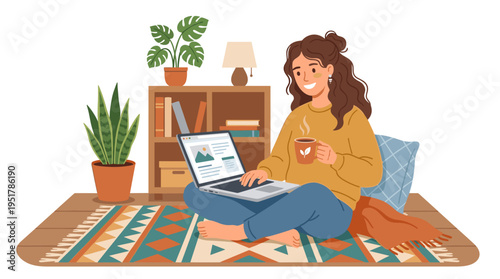A smiling woman sits on the floor, using her laptop in a cozy home, shown in flat vector illustration; she is a happy freelancer working remotely in isolation, while a cheerful girl holds hot tea and
