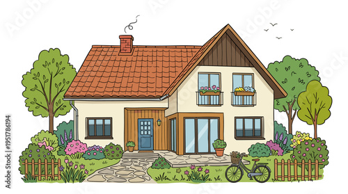 A hand‑drawn cottage, a modern private residential house, rendered in a colorful sketch illustration