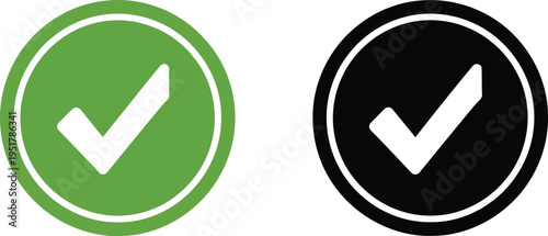 Two circular icons featuring a checkmark symbol in vibrant green and solid black color variants Vector