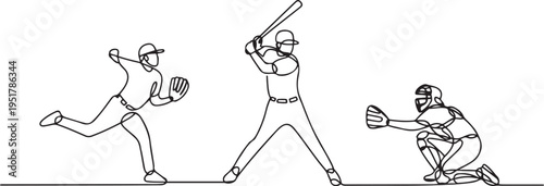 Baseball players set one line art. Continuous line drawing sport, team game, catch ball, pitcher, baseball glove, protective uniform, batter, pitcher, catcher. one line Icon drawing