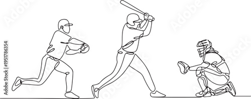 Baseball players set one line art. Continuous line drawing sport, team game, catch ball, pitcher, baseball glove, protective uniform, batter, pitcher, catcher. one line Icon drawing