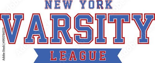 New York Varsity League Vector with Athletic Collegiate Typography and Blue Ribbon for Apparel Design