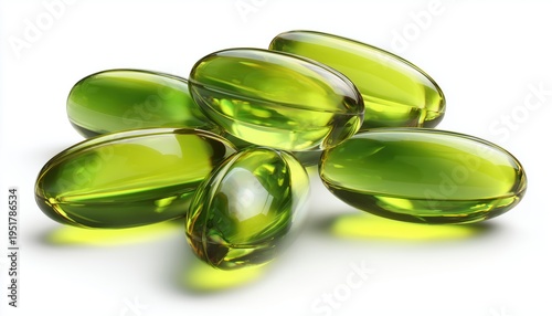Essential Supplements: Vitamin E Softgel Capsules, Vitamin D3, Fish Oil, Omega 3, And Green Oil Pills On White Background