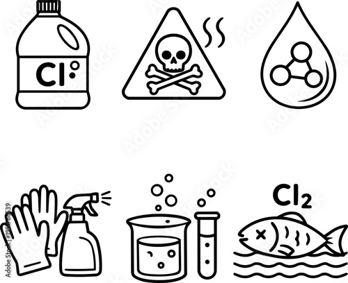 Chemistry toxic substances hazard lab line icons. Vector