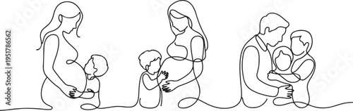 Pregnant women with husbands, family, children, baby set one line art. Continuous line drawing of pregnancy, motherhood, preparation for childbirth. one line Icon drawing