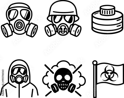 Hazard protection safety toxic warning line icons
