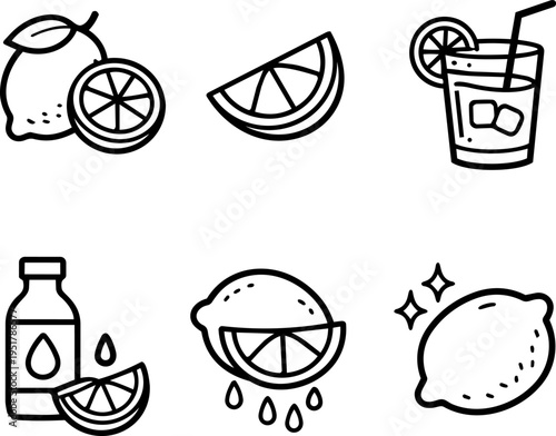 Lemon fruit citrus juice fresh line icons. Vector