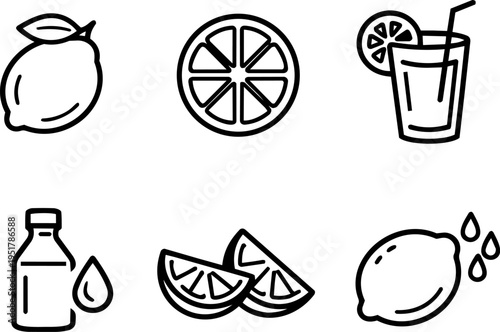 Lemon fruit citrus juice fresh line icons