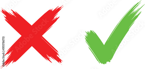 Red brush stroke cross and green brush stroke check mark symbols isolated on a white background Vector