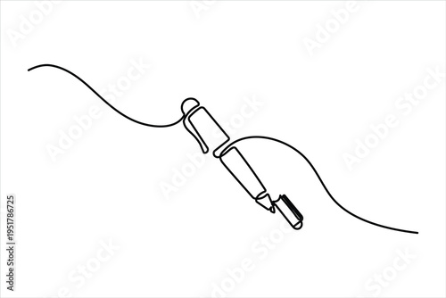 Minimalist one-line art of a ballpoint pen with a cap. Sleek continuous black line drawing on a white background, ideal for modern office graphics.