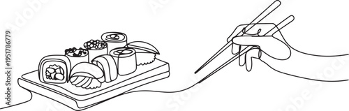 Sushi set, Philadelphia roll, maki, Sushi roll with chopsticks in hand one line art. Continuous line drawing of sushi, japanese, food, roll, culture, tasty. one line Icon drawing