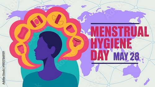 Menstrual hygiene day may 28, thought bubble with feminine products above silhouette of a person, global