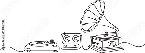 Record Player set, Turntable, Gramophone, tape recorder one line art. Continuous line drawing of vinyl, record, melody, studio, electronic, music, vintage, dj. one line Icon drawing