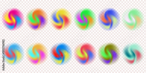 Set color circle gradient noise gradation. Abstract colorful watercolor blur mesh shape on white background. Gradient aura, grain neon blob with noise effect vector illustration.