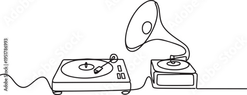Record Player set, Turntable, Gramophone, tape recorder one line art. Continuous line drawing of vinyl, record, melody, studio, electronic, music, vintage, dj. one line Icon drawing
