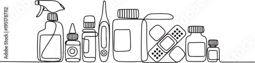 First aid kit set. Spray, drops, thermometer, pills, medical plaster, herbal tincture, medicine one line art. Continuous line drawing of treatment. one line Icon drawing