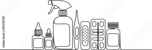 First aid kit set. Spray, drops, thermometer, pills, medical plaster, herbal tincture, medicine one line art. Continuous line drawing of treatment. one line Icon drawing