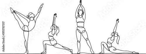 Gymnast, yoga, fitness people, training set one line art. Continuous line drawing sports, pilates, athletics, lunges, strength, athletic, woman, gym. one line Icon drawing