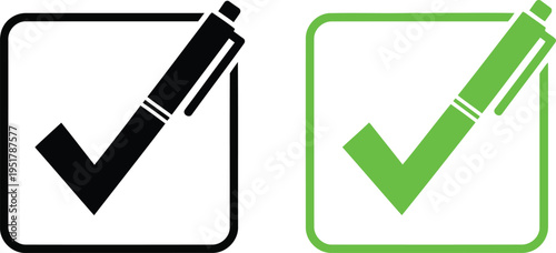 Comparison of approved and disapproved pencil icons with check marks in contrasting styles Vector