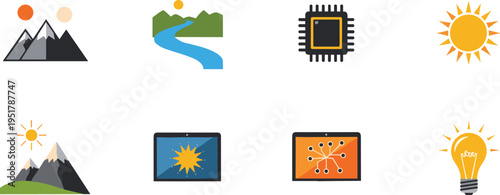Valley and technology icons vector set. Nature landscapes with sun, river, mountains, and digital elements. Flat design for travel, environment, and tech concepts.