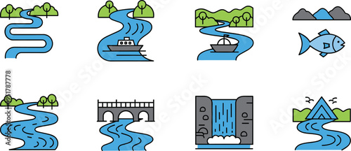 River and water icons vector set. Streams, boats, bridge, waterfall, and fish. Flat nature elements for landscape, travel, and environmental design.