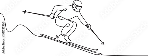 Man goes skiing with ski, racing poles and goggles set one line art. Continuous line drawing sport, winter sports, do tricks, skis, ski poles. one line Icon drawing