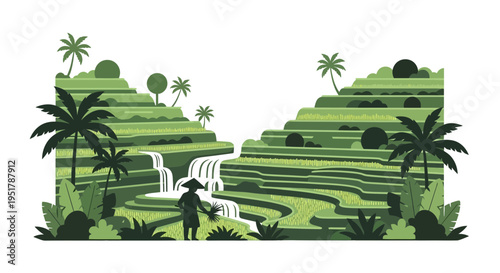 Man Walking on Rice Terraces Downhill.