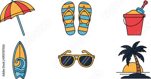 Summer beach icons vector set. Umbrella, flip flops, bucket, surfboard, sunglasses, and palm tree. Flat colorful elements for vacation and seaside design.