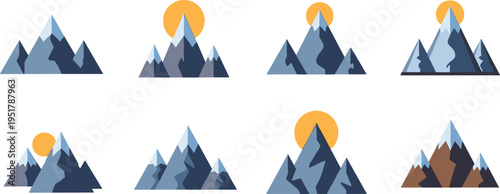 Mountain landscape vector set. Snowy peaks with sun in flat style. Nature and outdoor icons for travel, adventure, and scenic design projects.