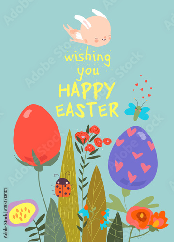 Easter Card with Flowers and Easter Eggs