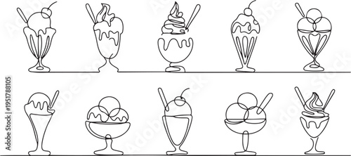 Ice cream sundae continuous line drawing set. One line art of dairy produce, milk products, food. one line Icon drawing