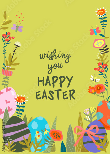 Easter Card with Flowers and Easter Eggs