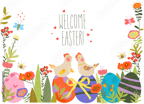 Easter Card with Flowers, Hens and Easter Eggs