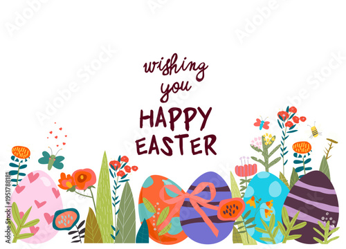 Easter Card with Flowers and Easter Eggs