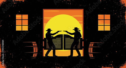 Two Cowboys Fighting in Sunset.