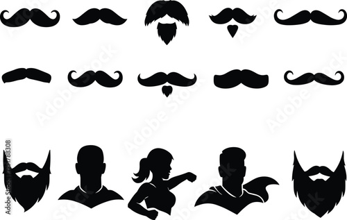 Collection of black silhouettes featuring diverse mustache and beard styles alongside character figures, ideal for graphic design, style references, and creative illustration projects